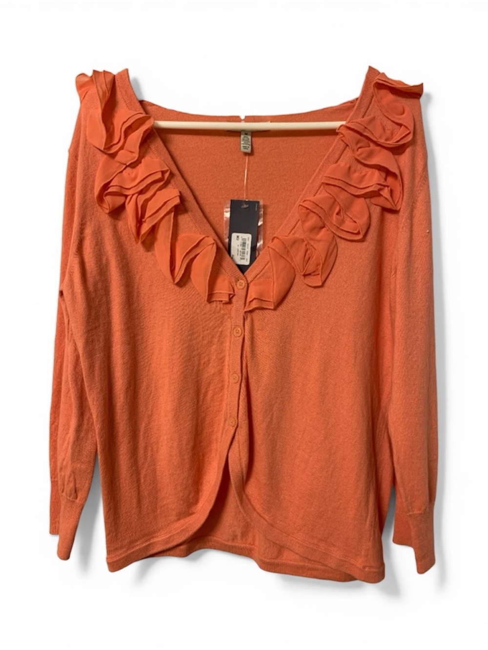 G.S. Bass & Co. Women's Coral Ruffle V-Neck Sweater Cardigan Medium